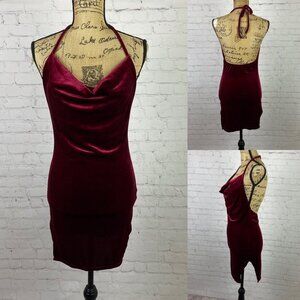 Shein Burgandy Velvet Halter Style Cowl Neck Bodycon Dress